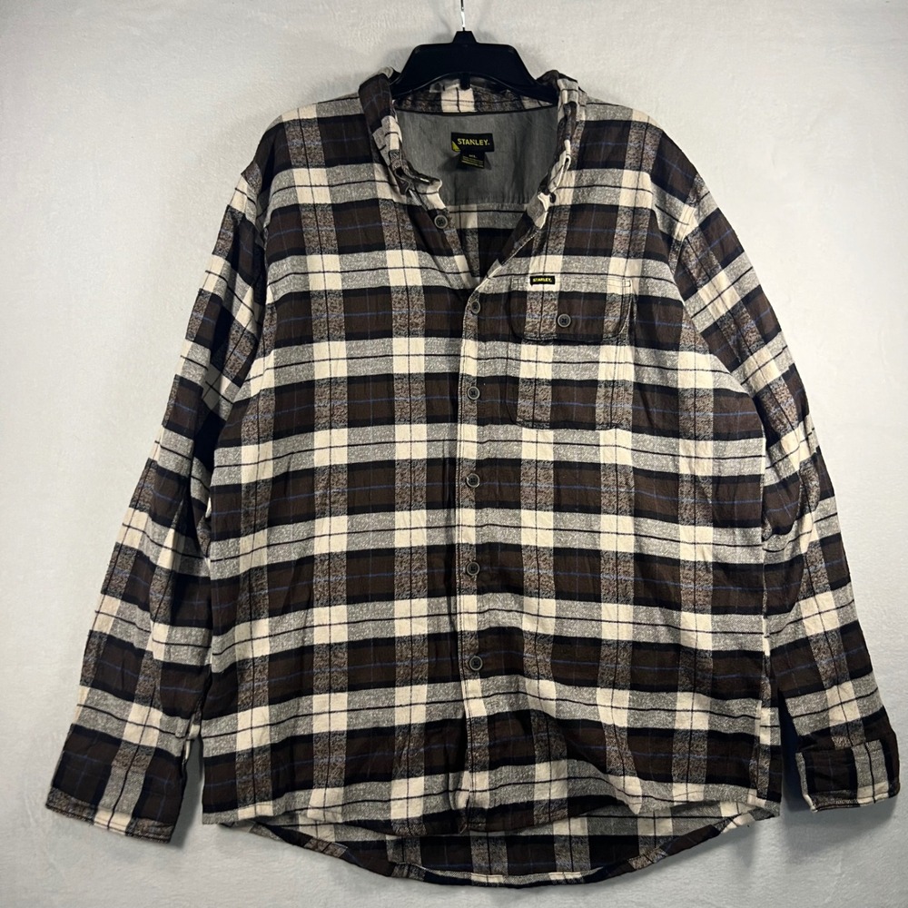 Stanley Mens‎ Plaid Flannel Shirt Long Sleeve Button Up Workwear Size XL Brown
